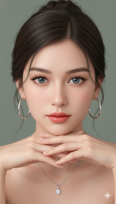 Woman with dark hair and blue eyes wearing hoop earrings and a necklace
