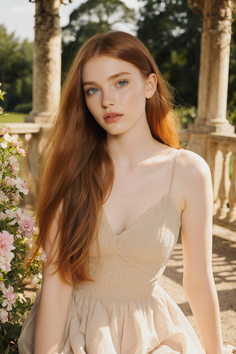 Woman with long red hair in a light dress outdoors with pink flowers