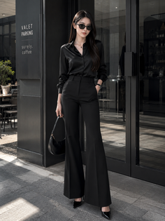 Woman in a black satin shirt and flared pants standing outside a cafe