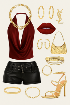 Fashion flat lay with a red top, black shorts, and gold accessories