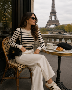 Woman in a striped shirt and white pants at an outdoor cafe in Paris