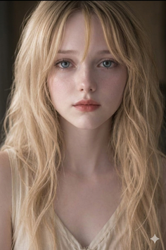Young woman with long blonde hair and blue eyes in a soft lighting portrait