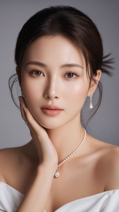 Woman with an updo, pearl necklace, and bare shoulders in a studio portrait