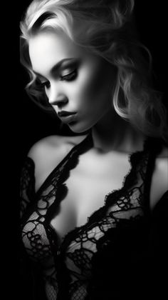 Blonde woman in black lace lingerie with dramatic lighting