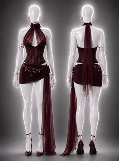 Front and back view of a burgundy dress on a mannequin