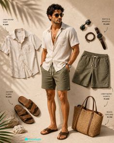 Man in a linen shirt and shorts with summer accessories