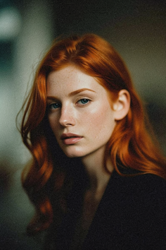 Woman with red hair and freckles looking directly at the viewer