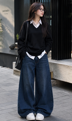 Woman in a black sweater, white shirt, and wide leg jeans on a street