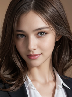 Woman with long brown hair wearing a white shirt and black blazer