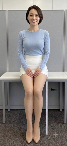 Woman with short hair sitting on a table in an indoor setting
