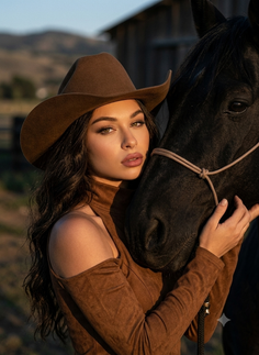 Woman in a cowboy hat and brown top posing with a horse at golden hour