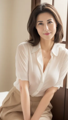 Woman with short hair wearing a white shirt and khaki pants indoors