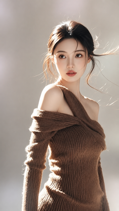 Woman in a brown off-shoulder sweater with an updo hairstyle in a studio