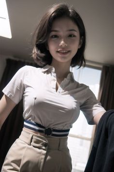 Woman with short hair wearing a white shirt and khaki pants indoors