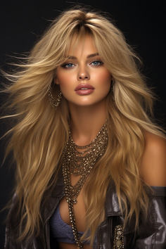 Woman with blonde hair and blue eyes wearing a layered necklace and leather jacket