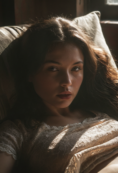 Woman with long hair wearing a lace top, bathed in soft backlight indoors