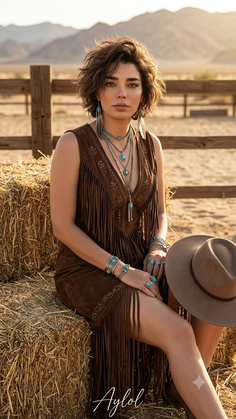 Woman in a fringe dress and turquoise jewelry sitting on a hay bale in the desert