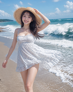 Woman in a white dress and straw hat walking on a sunny beach