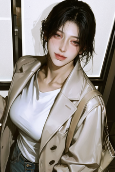 Woman with black hair wearing a trench coat and white t-shirt
