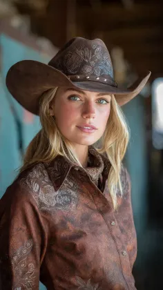 Blonde woman in a brown cowboy hat and western shirt looking at the camera