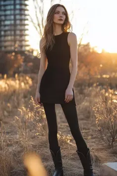 Woman in a black dress and cowboy boots standing in a field at golden hour