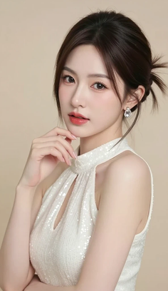 Woman in a white sequin top with an updo hairstyle and earrings