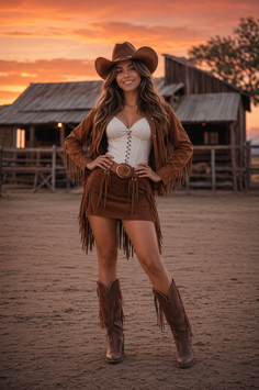 Woman in cowgirl outfit with fringe jacket and mini skirt at sunset