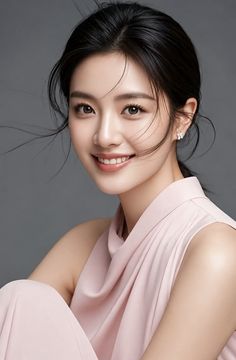Woman with black hair in an updo wearing a pink top, smiling in a studio shot