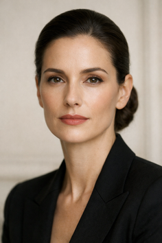 Woman with dark hair in an updo wearing a black blazer, looking directly at the camera