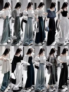 Multiple women showcasing various casual outfits with wide leg pants and off-shoulder tops