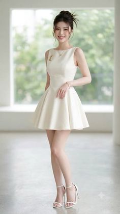 Woman in a white dress and high heels posing indoors