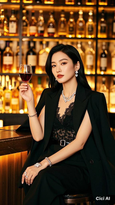 Woman with black hair in a black blazer and lace top holding a wine glass at a bar