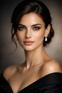 Woman with dark hair in an updo wearing an off-shoulder top and earrings