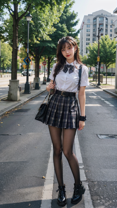 Woman in a school uniform with a plaid skirt and black tights on a street