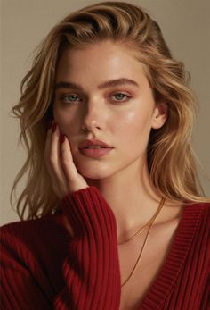 Woman with blonde hair and red sweater, wearing a gold necklace