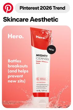 Skincare cleanser in red and white packaging with bubbles and water splashes