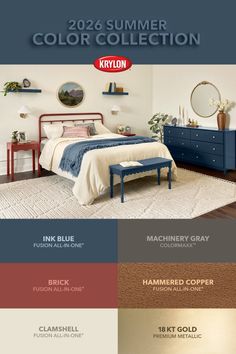A bedroom with a red metal bed frame, blue dresser, and matching nightstands