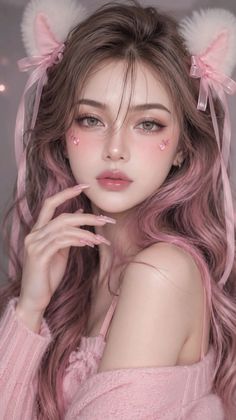 Woman with long pink hair and cat ears wearing a pink sweater