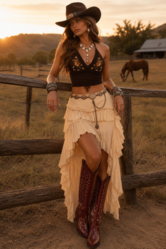 Woman in a cowgirl outfit leaning on a fence at golden hour