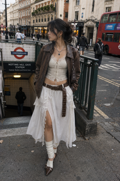 Woman in a brown leather jacket and white skirt on a street near an underground station