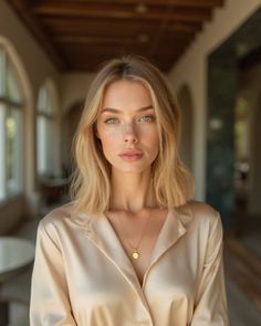 Woman with blonde hair and freckles wearing a collared shirt and gold necklace