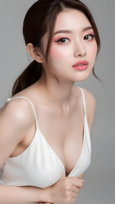Woman with a ponytail and pink makeup wearing a white top, showing cleavage