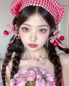 Woman with long braided hair and cherry accessories holding a pink floral bouquet