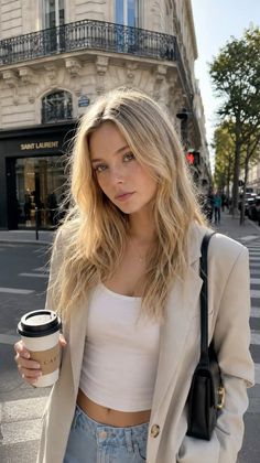 Blonde woman in a blazer and crop top holding a coffee cup on a city street