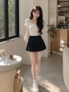 Woman with long dark hair wearing a white top and black pleated skirt in a cafe