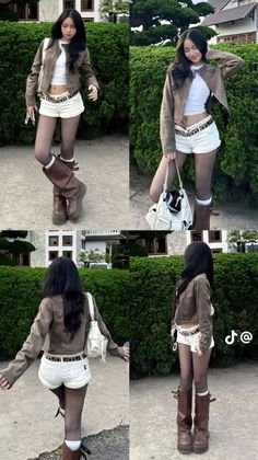 Woman in a brown jacket and white shorts posing outdoors