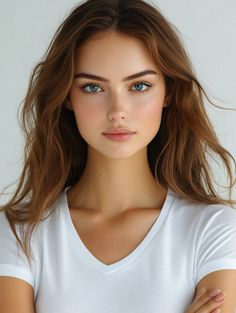 Woman with long brown hair and blue eyes wearing a white t-shirt