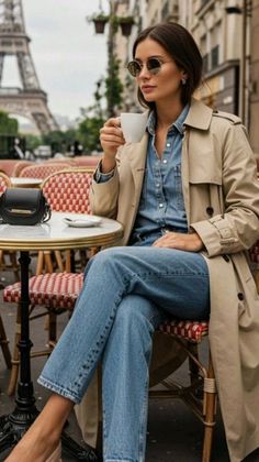 Woman in a trench coat and jeans drinking coffee at an outdoor cafe with the Eiffel Tower in the background