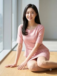 Woman in a pink dress sitting on a wooden floor by a window
