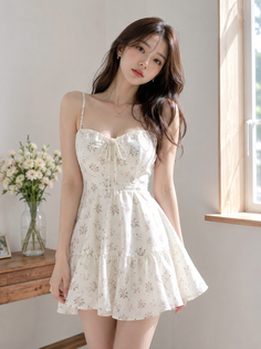 Woman in a white floral dress standing indoors with soft lighting